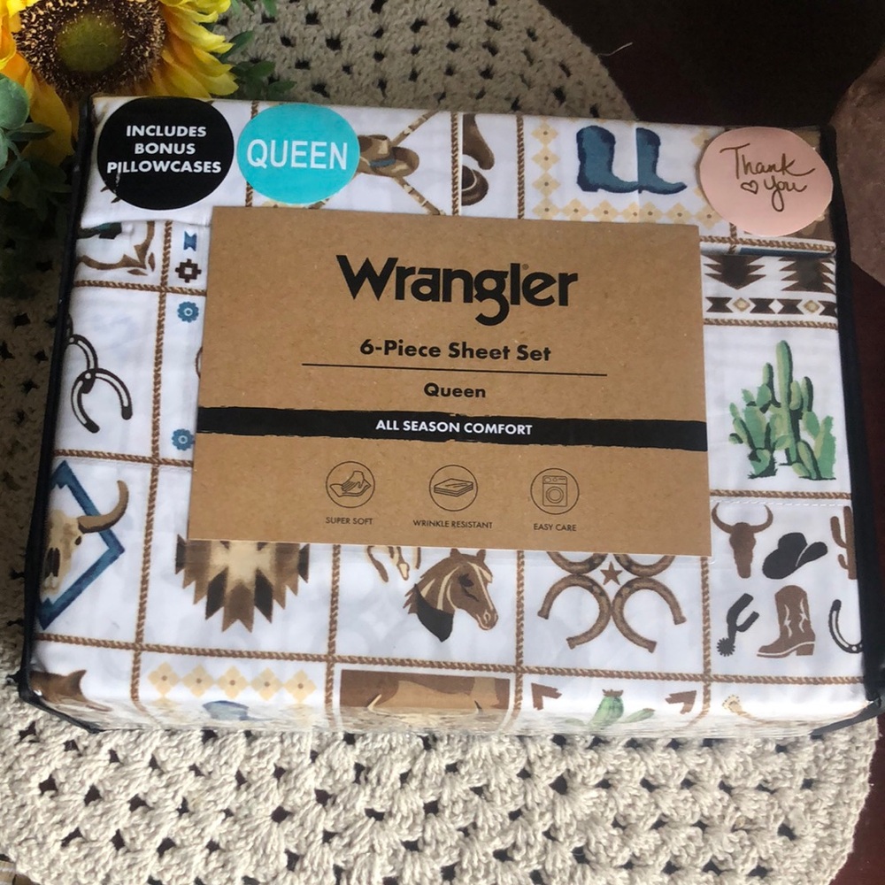 Wrangler QUEEN 6 pc sheet set White & Brown Western Print